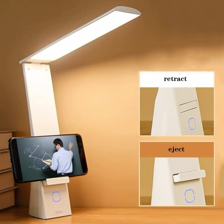 LED Desk Lamp Foldable Desk lamp, LED Desk lamp with Retractable Phone Holder, 3 Color Modes and 3 Brightness Levels, Charging/Plug in Office Reading Light Desk Lamp(White)