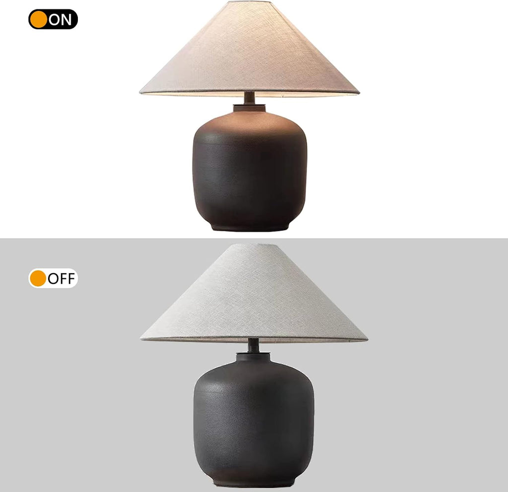 PURESILKS Modern Minimalist Table Lamps, Rustic Farmhouse Ceramic Table Lamp, 16.53' Tall Desk Lamp with Off-Black Linen Drum Lampshade Decor for Living Room Bedroom Bedside Nightstand (Black)