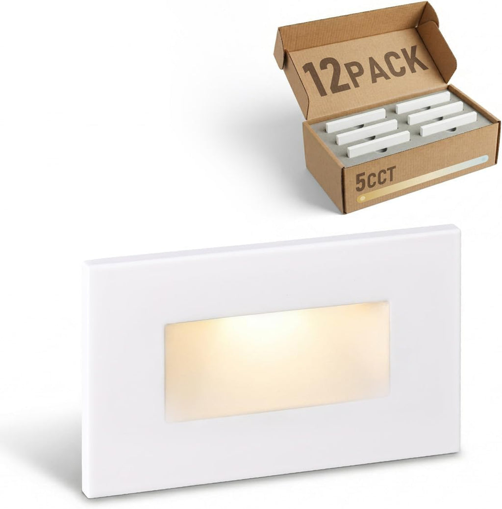 LEONLITE 12-Pack 5CCT 120V LED Step Lights, 3.5W 5%-100% Dimmable Stair Lights Indoor Outdoor Wet Location, CRI90, ETL, Aluminum, 150LM, Horizontal, 2700K/3000K/3500K/4000K/5000K, White