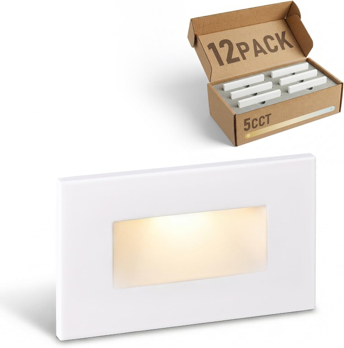 LEONLITE 12-Pack 5CCT 120V LED Step Lights, 3.5W 5%-100% Dimmable Stair Lights Indoor Outdoor Wet Location, CRI90, ETL, Aluminum, 150LM, Horizontal, 2700K/3000K/3500K/4000K/5000K, White