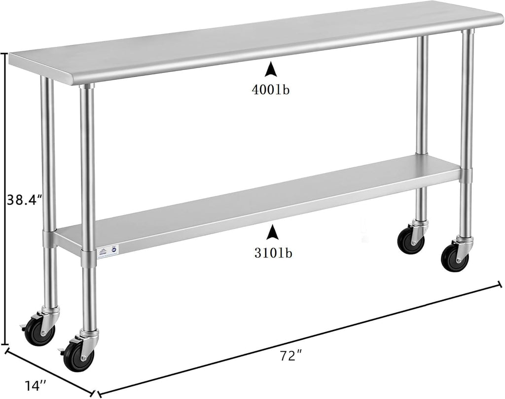ROCKPOINT Stainless Steel Table for Prep & Work with Caster Wheels 14x72 Inches, NSF Metal Commercial Kitchen Heavy Duty Table with Adjustable Under Shelf and Table Foot for Restaurant, Home and Hotel