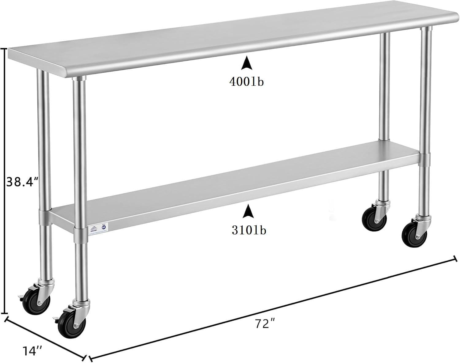 ROCKPOINT Stainless Steel Table for Prep & Work with Caster Wheels 14x72 Inches, NSF Metal Commercial Kitchen Heavy Duty Table with Adjustable Under Shelf and Table Foot for Restaurant, Home and Hotel