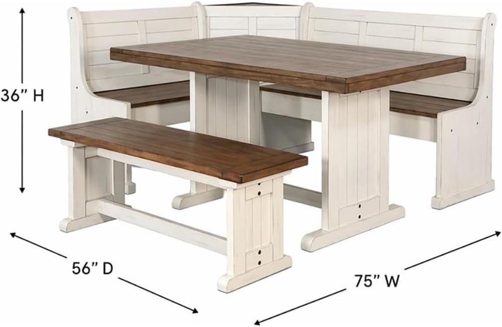 Pemberly Row Dining Set Wood, Rectangular in Off White (36' H x 75' W x 56' D) for Kitchen, Dining Room with Table, Reversable Benches, and Storage Space