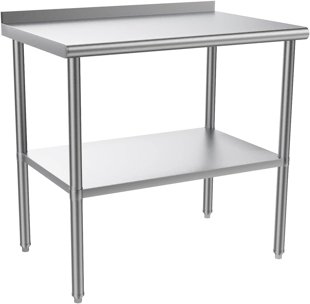 ROVSUN 36'' x 24'' Stainless Steel Table for Prep & Work,Commercial Worktables & Workstations, NSF Heavy Duty Metal Table with Adjustable UnderShelf & Backsplash for Kitchen, Restaurant,Home,Hotel