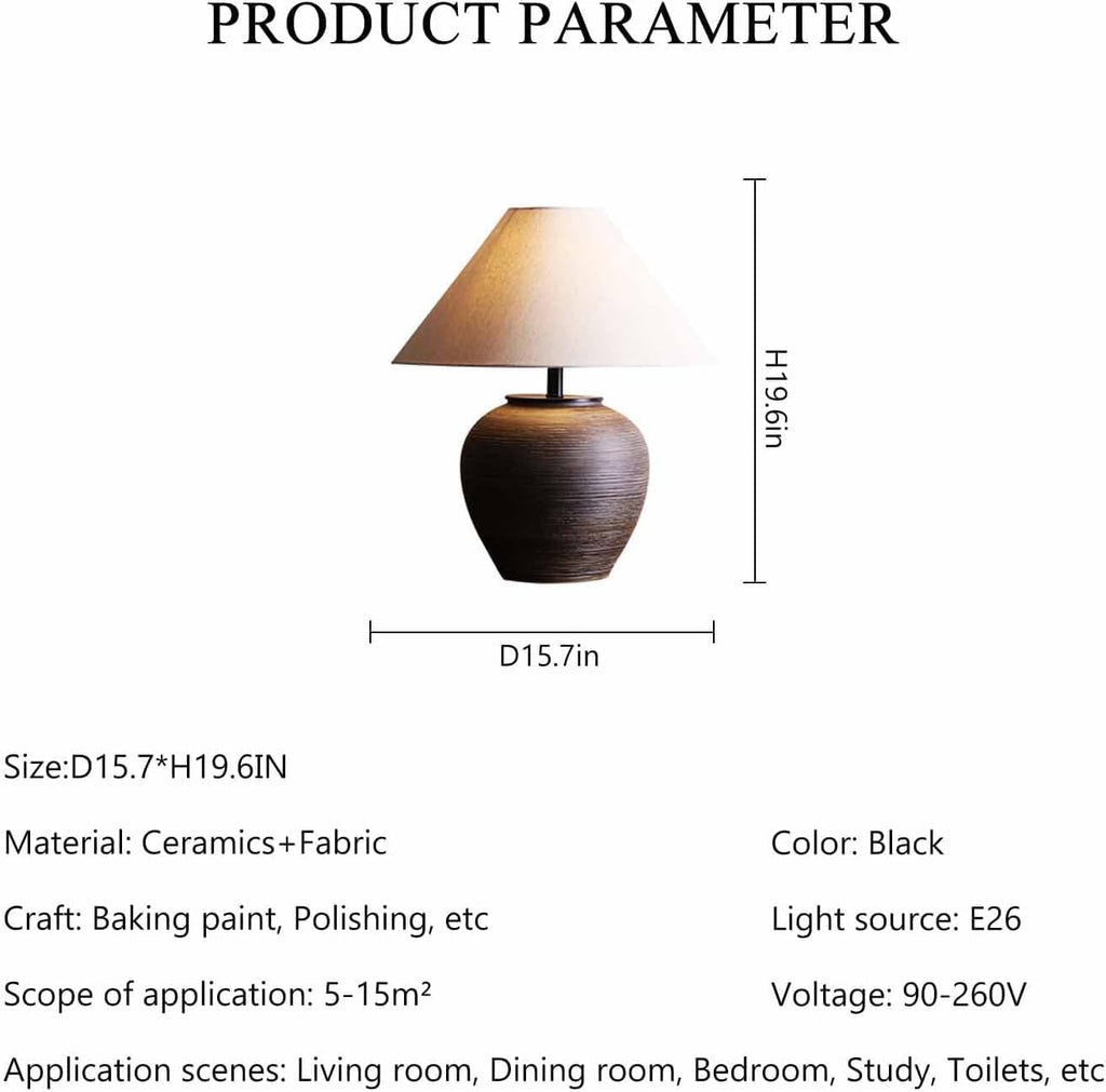 19.6'' Farmhouse Round Ceramic Table Lamp Rustic Retro Desk Lamp Brown Check Body with Off-White Fabric Shade Bedside Nightstand for Living Room Bedroom Home Office