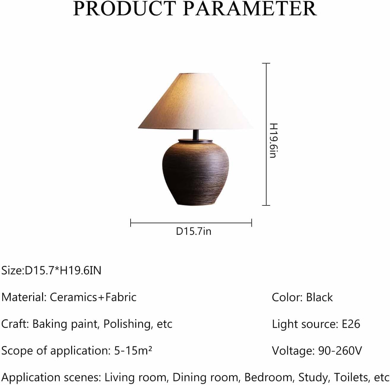 19.6'' Farmhouse Round Ceramic Table Lamp Rustic Retro Desk Lamp Brown Check Body with Off-White Fabric Shade Bedside Nightstand for Living Room Bedroom Home Office