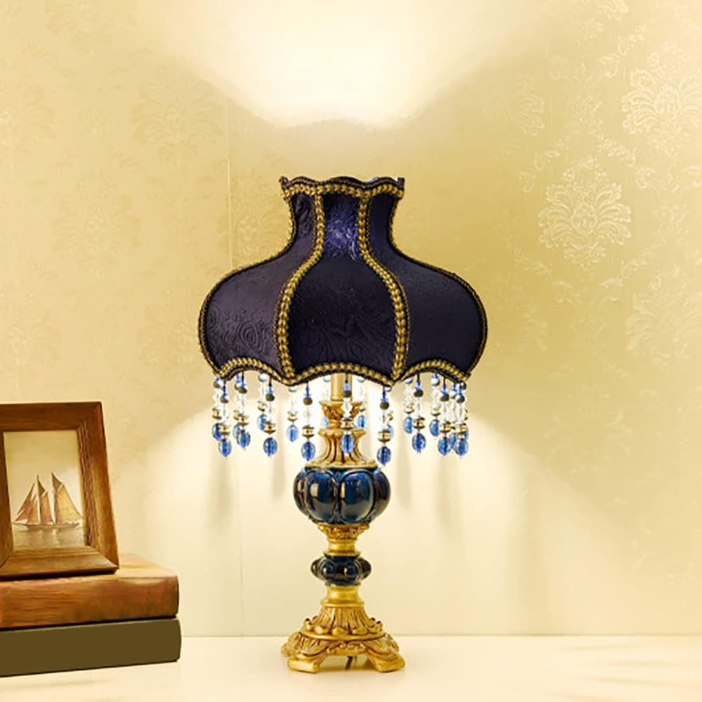Meefad Victorian Table Lamp, Vintage Bedside Lamp with Beaded Fringe, Handpainted Resin Base, Elegant Night Light Accent Lamp for Bedroom Reading Nightstand (Dark Blue)