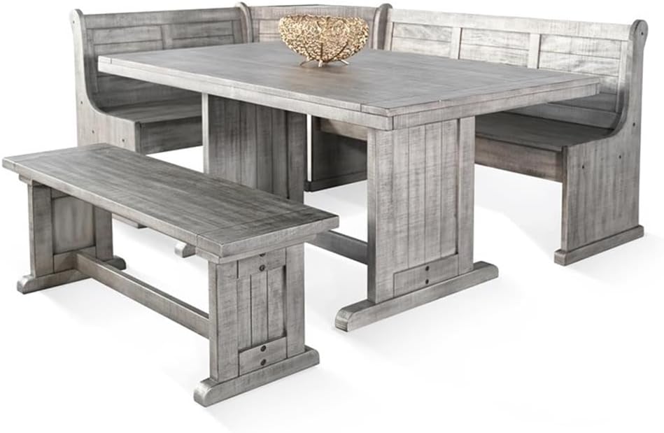 Pemberly Row 4-Pieces Dining Set Wood, Rectangular in Alpine Gray (36' H x 75' W x 56' D) for Kitchen, Dining Room with Table, Reversable Benches, and Storage Space