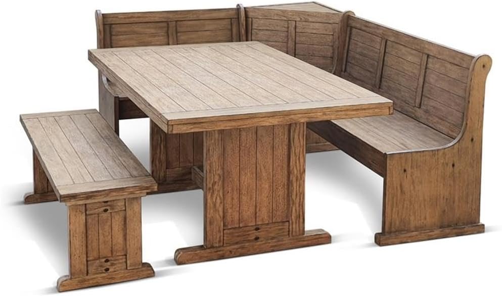 Pemberly Row 75' x 56' Farmhouse Wood Breakfast Nook Set with Table, Lift Seats, Hidden Storage, Reversible Benches, for Small Spaces, in Buckskin/Taupe Brown Finish