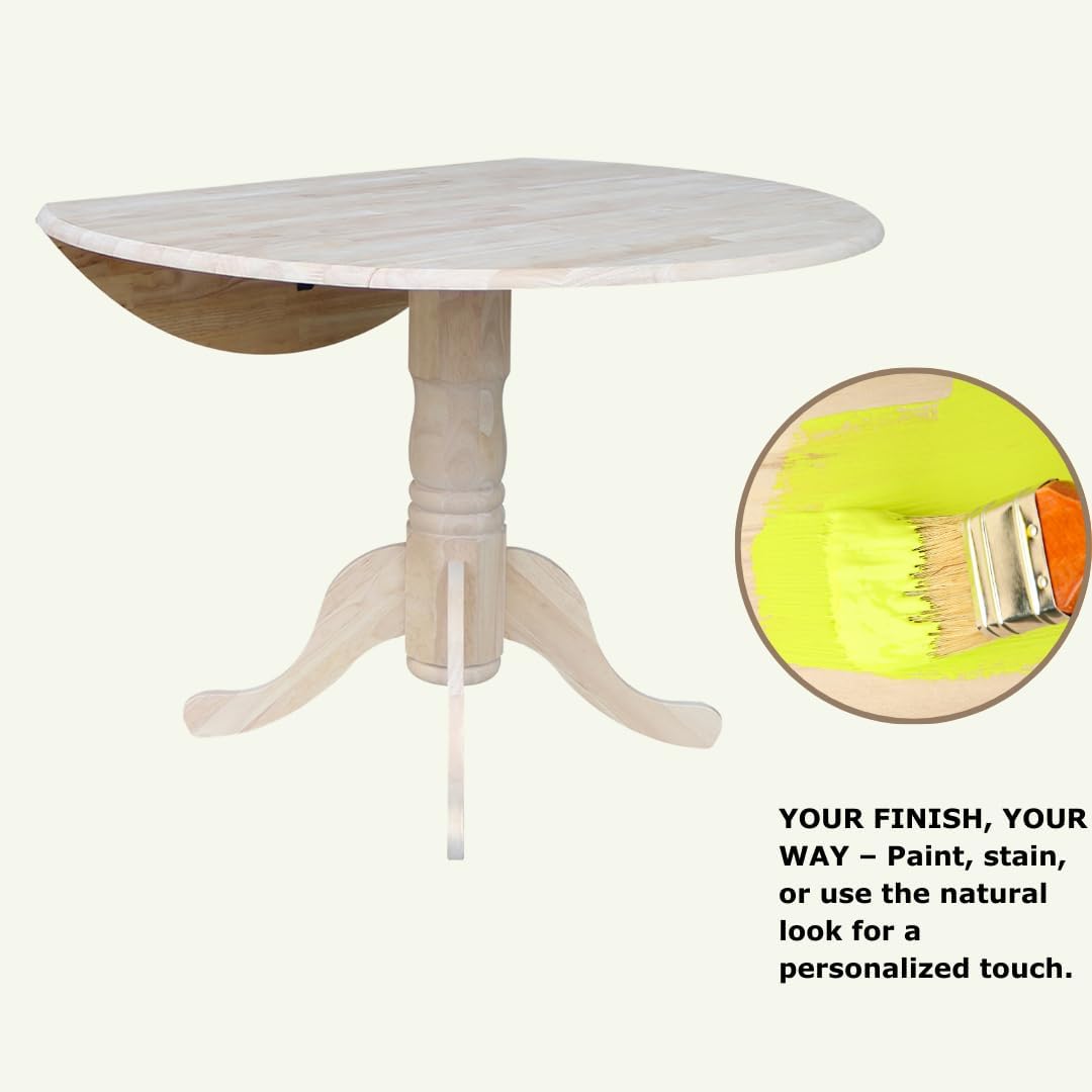 IC International Concepts, Round Dual Drop Leaf Pedestal Dining Table, Solid Real Wood, Sturdy Parawood, Dimensions 42'D x 42'W x 29.5'H, 40lbs Capacity, Paint/Stain Ready, Unfinished