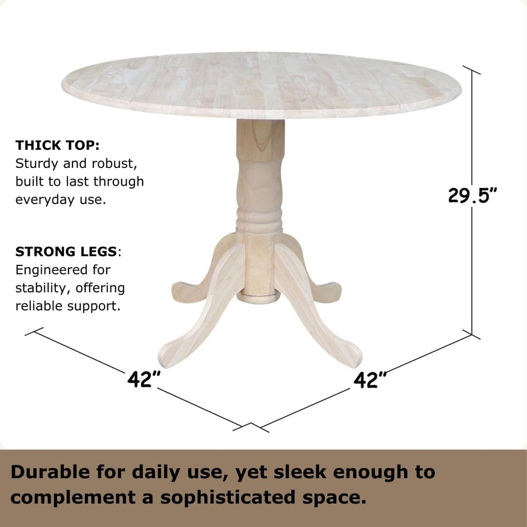 IC International Concepts, Round Dual Drop Leaf Pedestal Dining Table, Solid Real Wood, Sturdy Parawood, Dimensions 42'D x 42'W x 29.5'H, 40lbs Capacity, Paint/Stain Ready, Unfinished