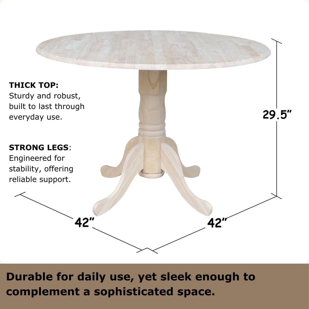 IC International Concepts, Round Dual Drop Leaf Pedestal Dining Table, Solid Real Wood, Sturdy Parawood, Dimensions 42'D x 42'W x 29.5'H, 40lbs Capacity, Paint/Stain Ready, Unfinished
