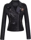 Women's Washed PU Leather Jacket With Lapel Rivets And Fitted Waist For Casual Autumn Fashion