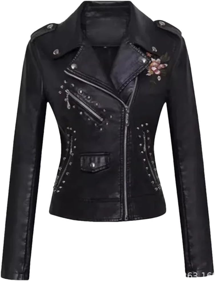 Women's Washed PU Leather Jacket With Lapel Rivets And Fitted Waist For Casual Autumn Fashion