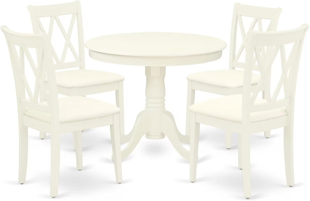 East West Furniture ANCL5-LWH-C 5 Piece Dining Room Table Set Includes a Round Wooden Table with Pedestal and 4 Linen Fabric Kitchen Dining Chairs, 36x36 Inch, Linen White