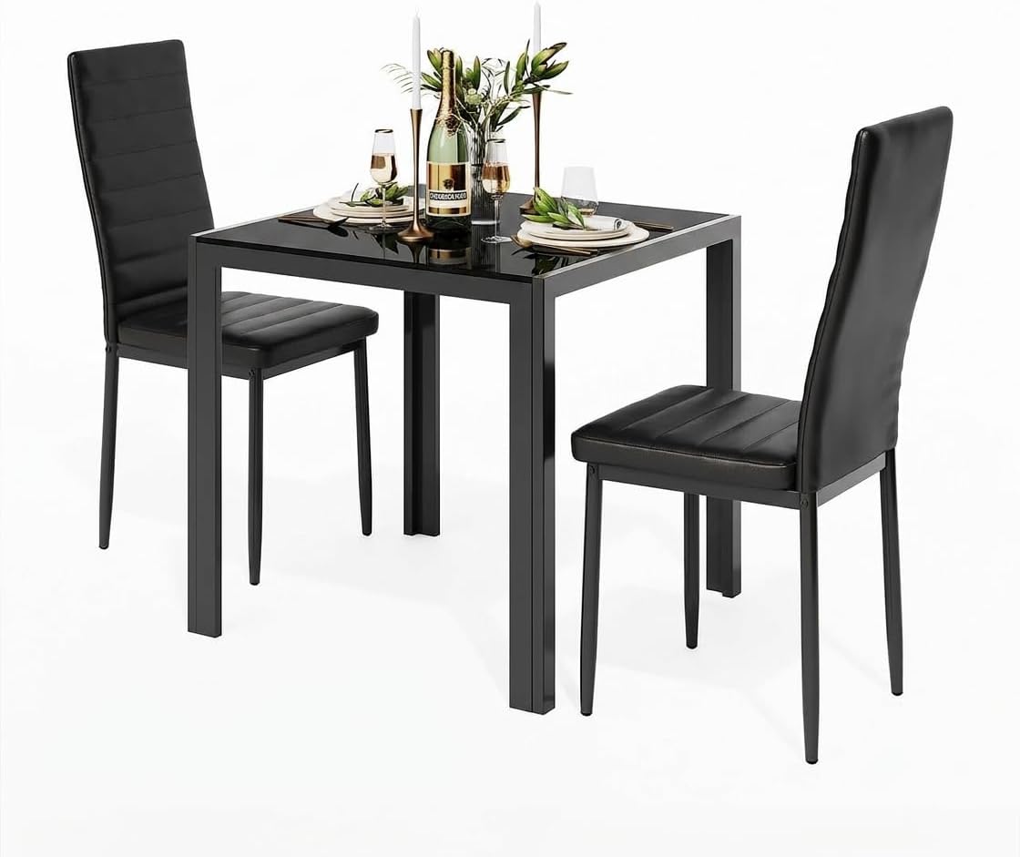 Gizoon 3 Piece Glass Dining Table Set, Kitchen and Chairs for 2, PU Leather Modern Room Sets for Home, Kitchen, Living Room