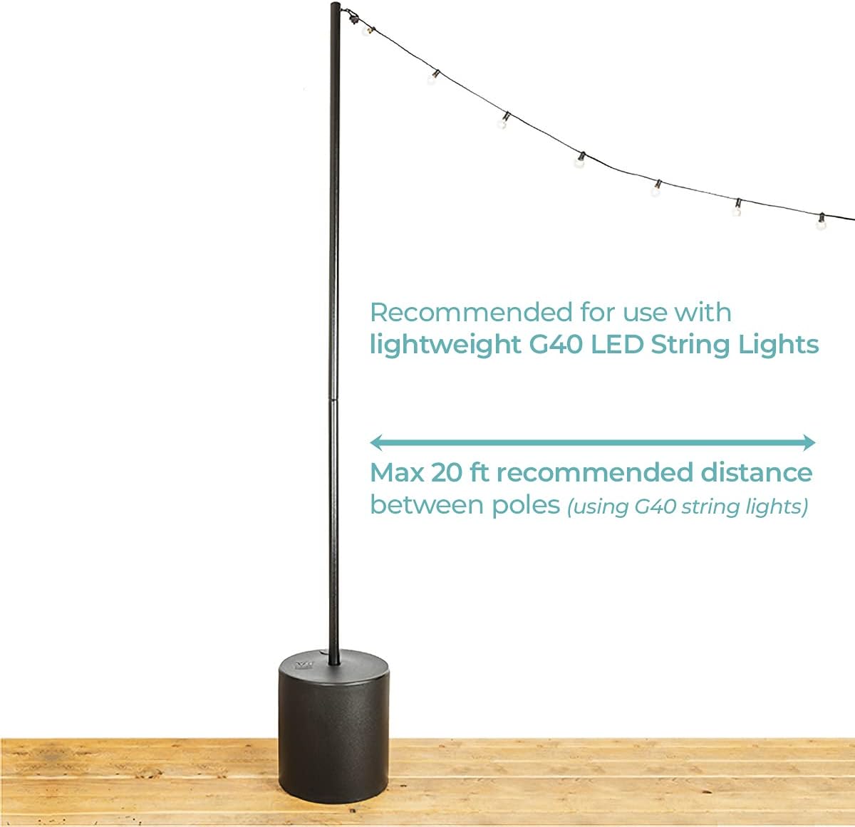 Outdoor String Light Pole Stand (2 Pack) - 9.5 Feet, Black, Heavy-Duty with Freestanding Tank Base for Grass, Patio, Deck, Events