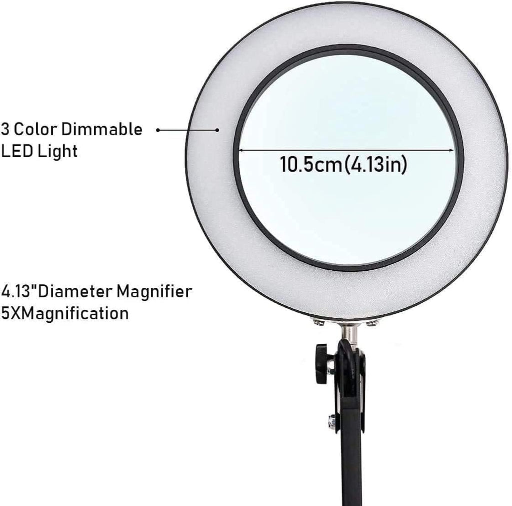 Magnifier 5X Magnifier Desk Lamps, LED Magnifying Glass Lamp Clamp with Adjustable Swivel Arm, 3 Colors Light, 10 Lighting Levels Dimming for Table Craft Reading Study Work Interesting Life