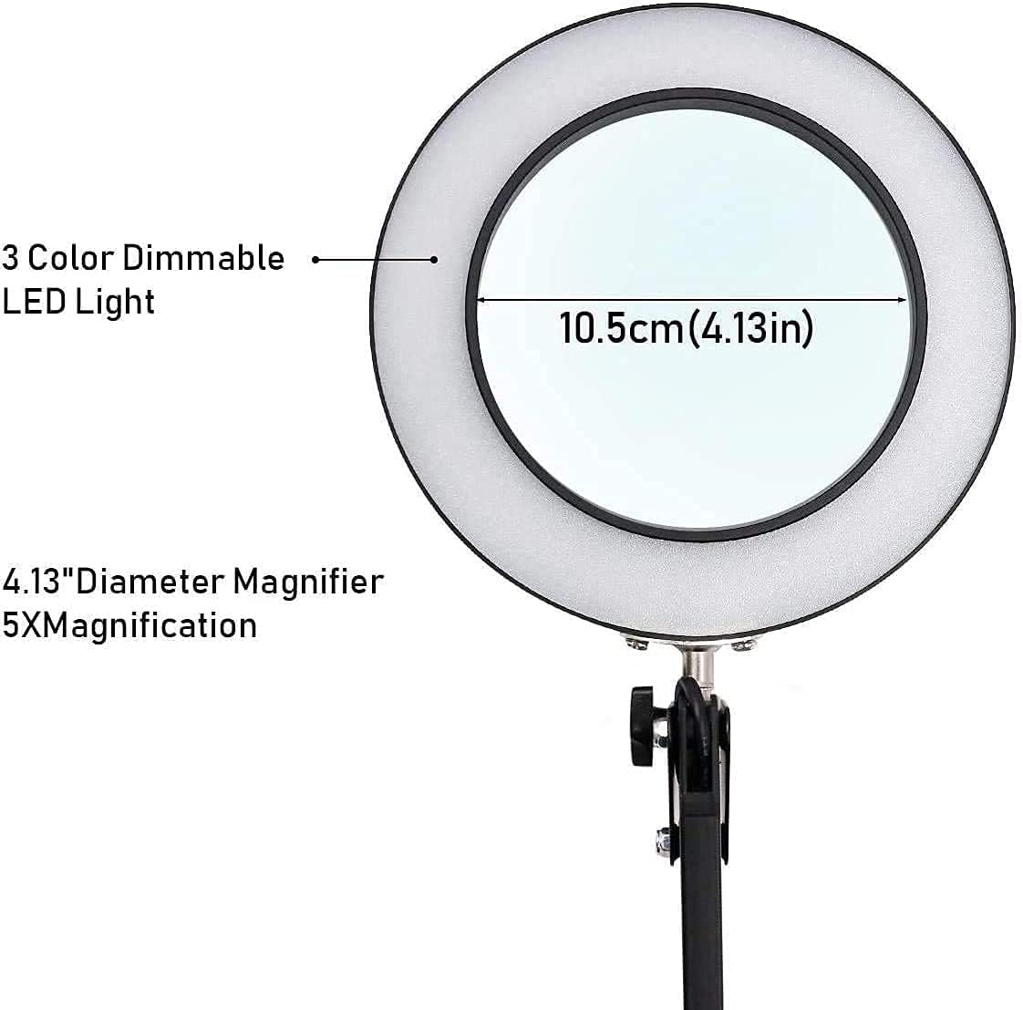 Magnifier 5X Magnifier Desk Lamps, LED Magnifying Glass Lamp Clamp with Adjustable Swivel Arm, 3 Colors Light, 10 Lighting Levels Dimming for Table Craft Reading Study Work Interes