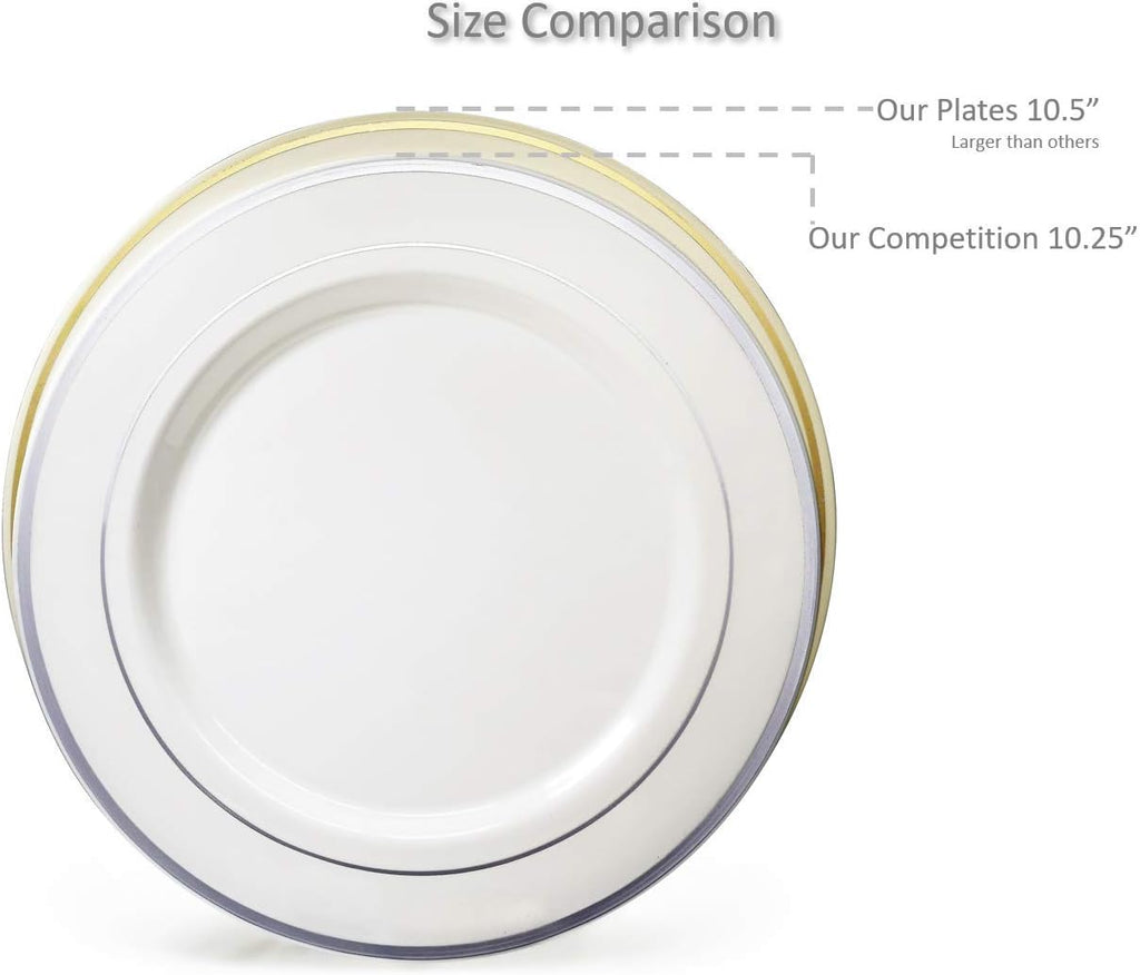 ' OCCASIONS ' 840pcs set (120 Guests)-Heavyweight Wedding Party Disposable Plastic Plate Set-120 x 10.5'' + 120 x 6.25'' + Gold Silverware + Cups + Napkins (Lace Ivory & Gold Rim)