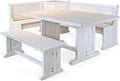 Pemberly Row 75' x 56' Farmhouse Wood Breakfast Nook Set with Table, Storage, Reversable Benche, L-Shaped Corner Bench, for Dining Room, in Marble White Finish