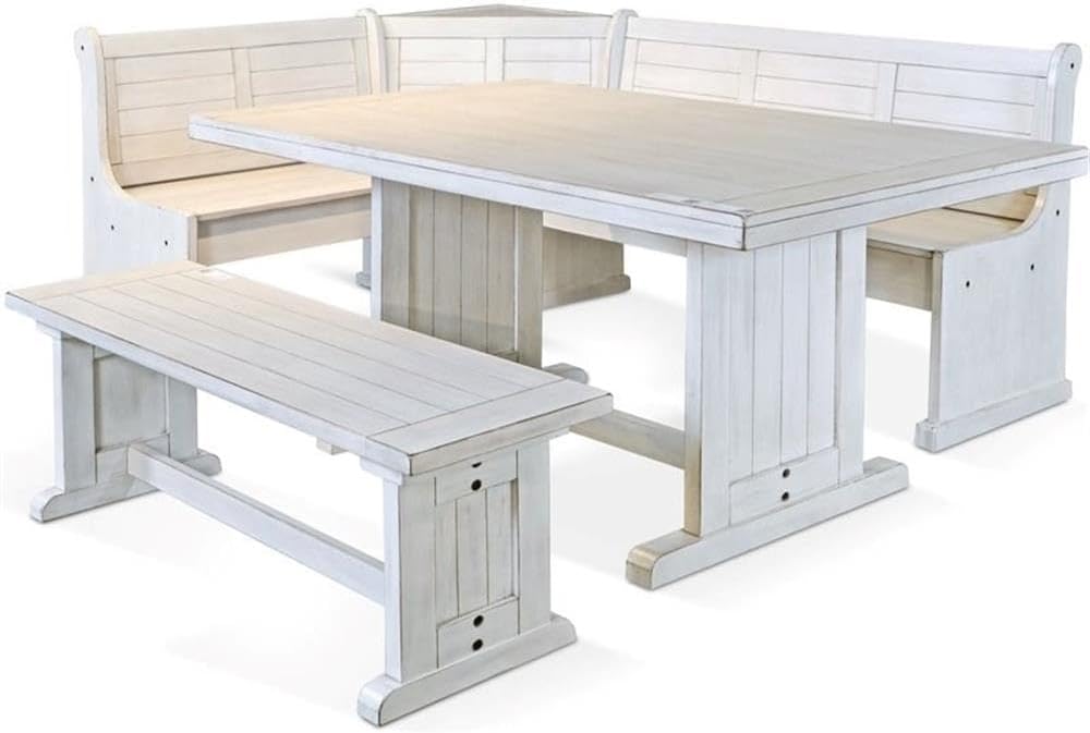 Pemberly Row 75' x 56' Farmhouse Wood Breakfast Nook Set with Table, Storage, Reversable Benche, L-Shaped Corner Bench, for Dining Room, in Marble White Finish