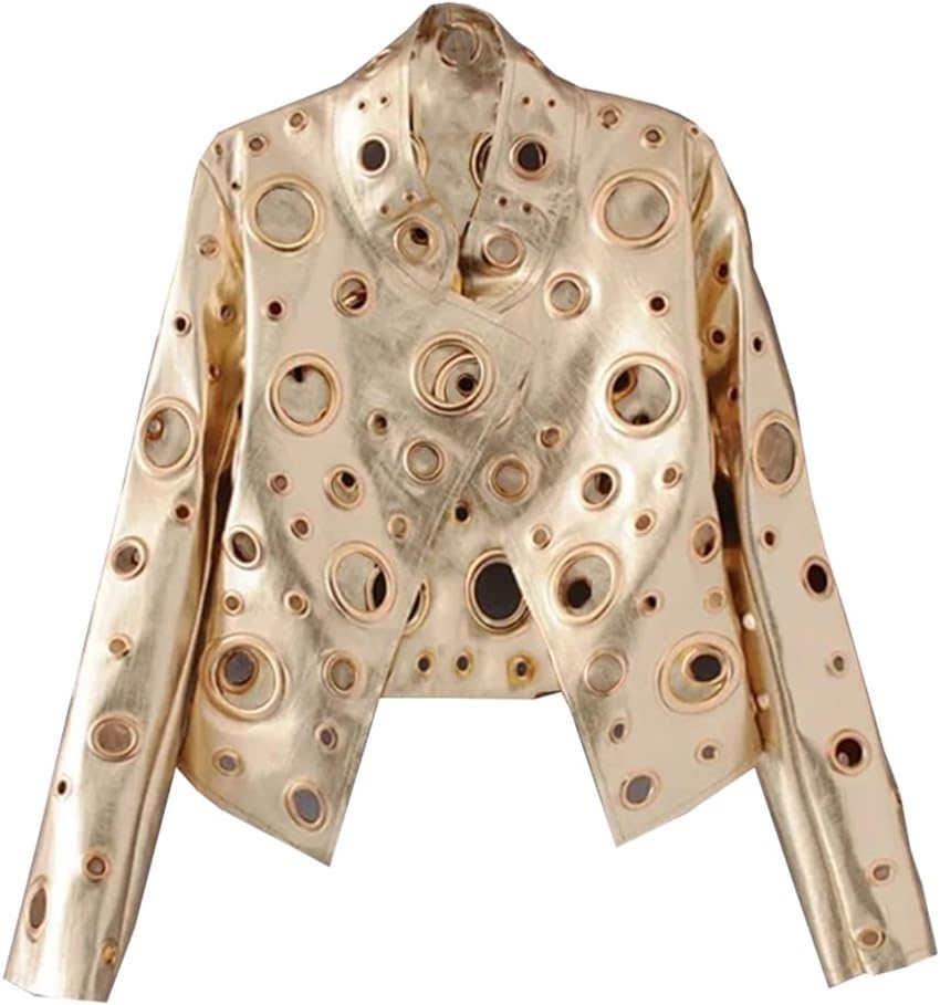 Women Spring Short Golden Rivet Stand Collar Hollow Faux Leather Jacket