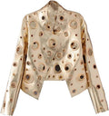 Women Spring Short Golden Rivet Stand Collar Hollow Faux Leather Jacket