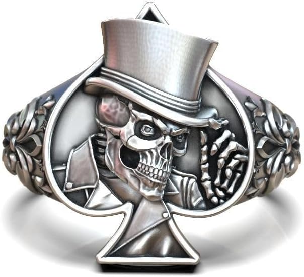 IshaanJewel Flower Design Skeleton Top Hat Men's Ring 14K White Gold Over Skull Playing Card Spades Hat Ring Oxidized 925 Silver Handcrafted Card Game Symbol Style Ace of Spades Jewelry Gift For Him