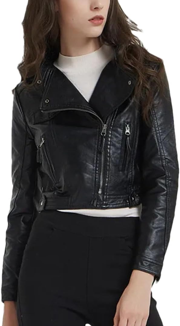 Women'S Washed Rivet Motorcycle Coat Streetwear Style Short Turn-Down Collar Long Sleeves Fashion PU Leather Outerwear