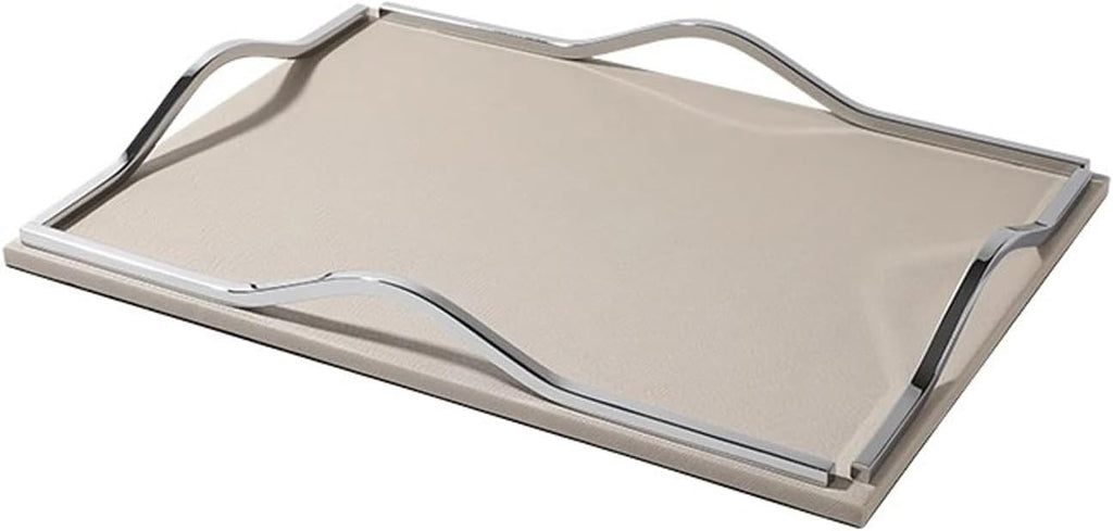 Decorative Serving Tray - Modern Rectangle Leather Tray with Metal Handles for Coffee Table, Living Room, and Kitchen