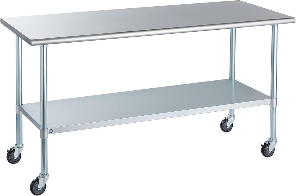 ROCKPOINT Stainless Steel Table for Prep & Work with Caster Wheels 30x72 Inches, NSF Metal Commercial Kitchen Heavy Duty Table with Adjustable Under Shelf and Table Foot for Restaurant, Home and Hotel