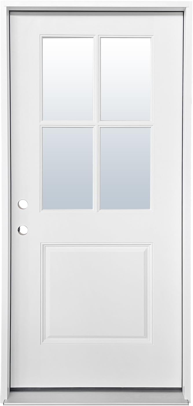 Fiberglass Prehung Door Unit, 36'x80' 4 Lite White, Right Hand Inswing | Sturdy, LVL Stiles, Soundproof, Thermal Insulated, Weather Resistant, Energy Efficient, Clear Glass