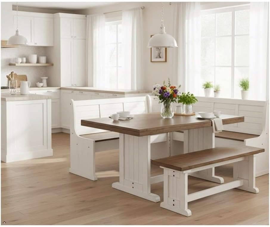 Pemberly Row Dining Set Wood, Rectangular in Off White (36' H x 75' W x 56' D) for Kitchen, Dining Room with Table, Reversable Benches, and Storage Space