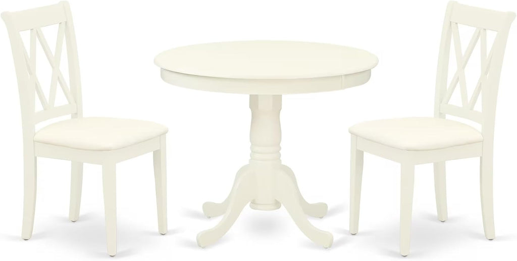 East West Furniture Antique 3-Piece Dining Set with Round Table in Linen White
