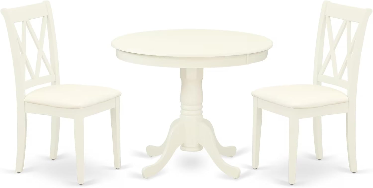 East West Furniture Antique 3-Piece Dining Set with Round Table in Linen White