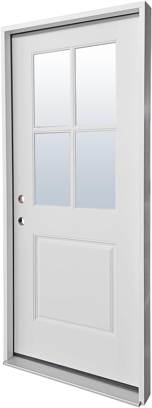 Fiberglass Prehung Door Unit, 36'x80' 4 Lite White, Right Hand Inswing | Sturdy, LVL Stiles, Soundproof, Thermal Insulated, Weather Resistant, Energy Efficient, Clear Glass