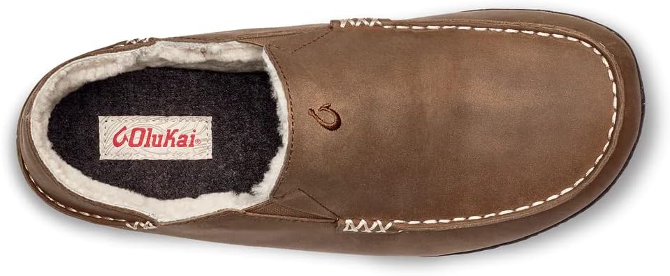 OLUKAI Moloa Slipper, Men's Premium Leather Slip-On Shoes, Soft Genuine Shearling Lining & Gel Insert, Drop-In Heel & All-Day Comfort