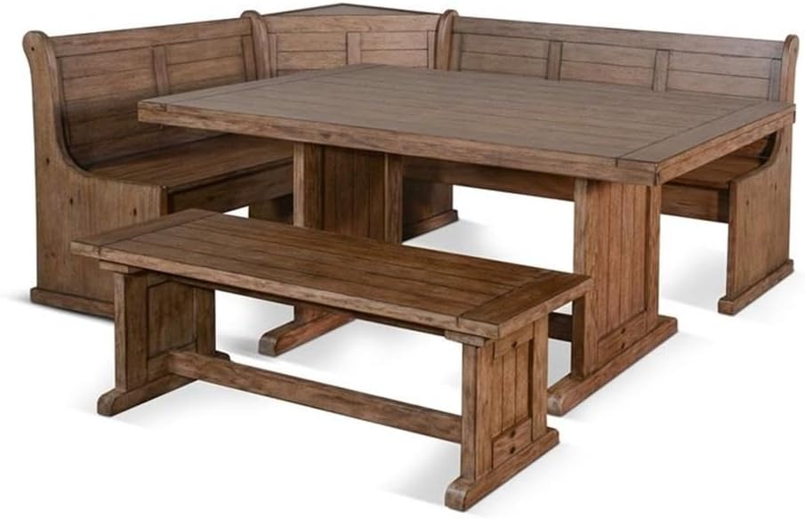 Pemberly Row 75' x 56' Farmhouse Wood Breakfast Nook Set with Table, Lift Seats, Hidden Storage, Reversible Benches, for Small Spaces, in Buckskin/Taupe Brown Finish