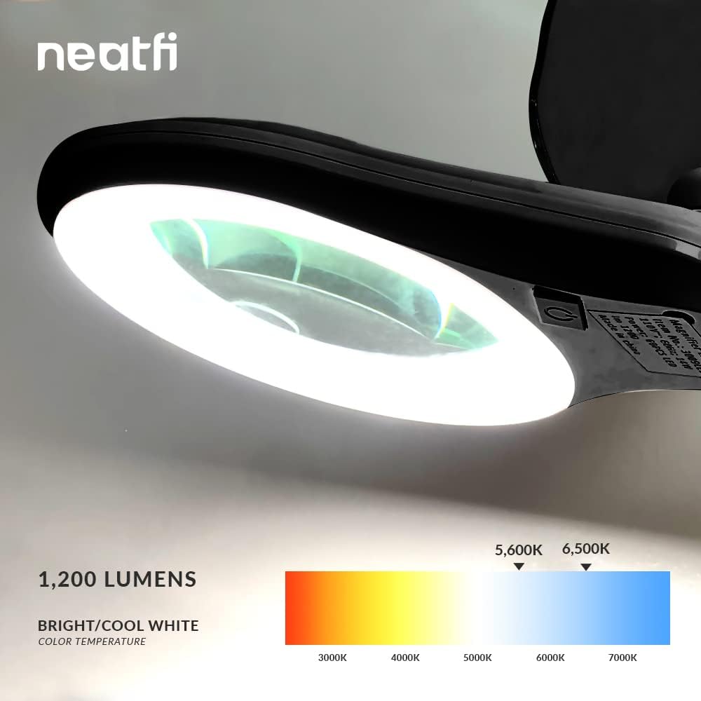 Neatfi LED Bifocal Magnifying Lamp 1,200 Lumens – 5' Glass Lens, Dual Magnification 2.25X/6X, Dimmable | Adjustable Arm with Clamp | Crafting, Jewelry & Reading (5 Diopter + 20 Diopter, Black)