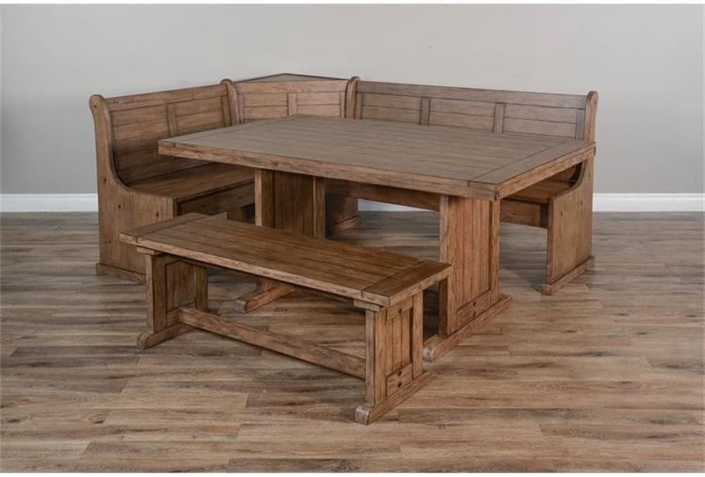 Pemberly Row 75' x 56' Farmhouse Wood Breakfast Nook Set with Table, Lift Seats, Hidden Storage, Reversible Benches, for Small Spaces, in Buckskin/Taupe Brown Finish