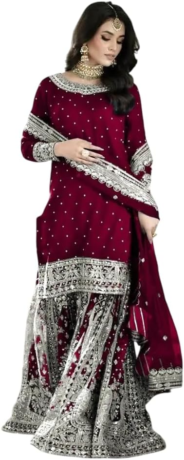 Tanvero Craft United Women's Faux Georgette Embroidered Straight Kurta with Sharara & Dupatta Set with Rivet Moti Work
