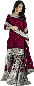 AYOSA RETAIL Women's Faux Georgette Embroidered Straight Kurta with Sharara & Dupatta Set with Rivet Moti Work