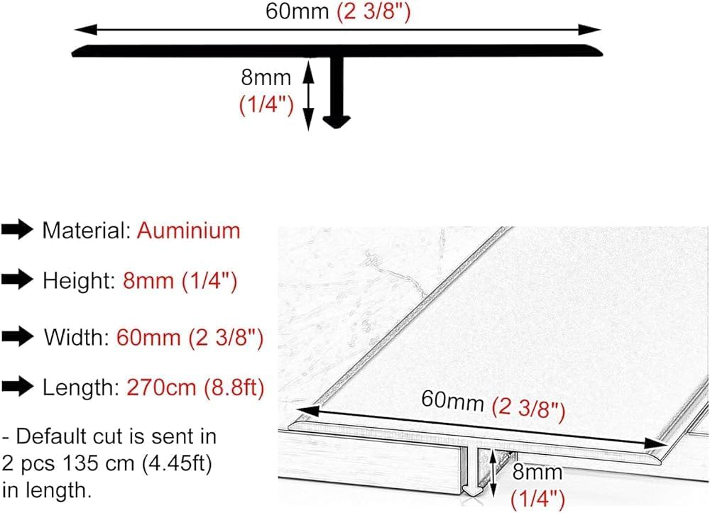 T Molding Floor Divider Strip, Aluminum Floor Transition Strips, 2in Wide Transition Cover Strip Carpet to Tile, Doorway Threshold for Joining Floor Gaps(Color:Brown)