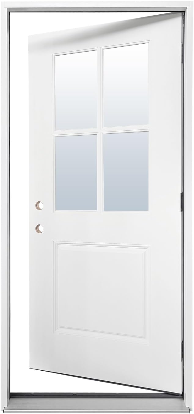 Fiberglass Prehung Door Unit, 36'x80' 4 Lite White, Right Hand Inswing | Sturdy, LVL Stiles, Soundproof, Thermal Insulated, Weather Resistant, Energy Efficient, Clear Glass