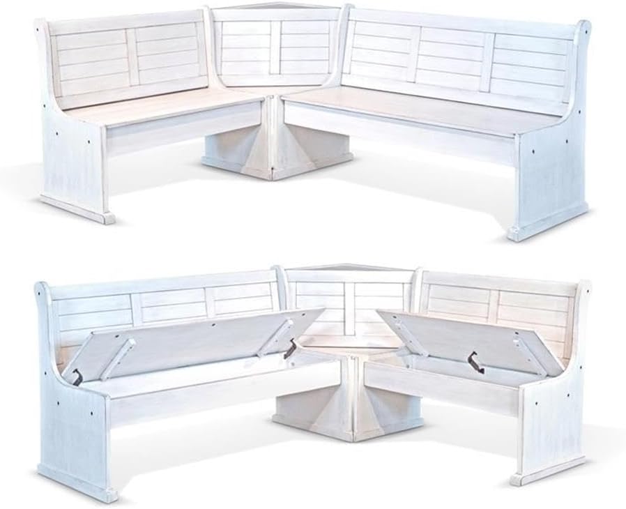 Pemberly Row 75' x 56' Farmhouse Wood Breakfast Nook Set with Table, Storage, Reversable Benche, L-Shaped Corner Bench, for Dining Room, in Marble White Finish