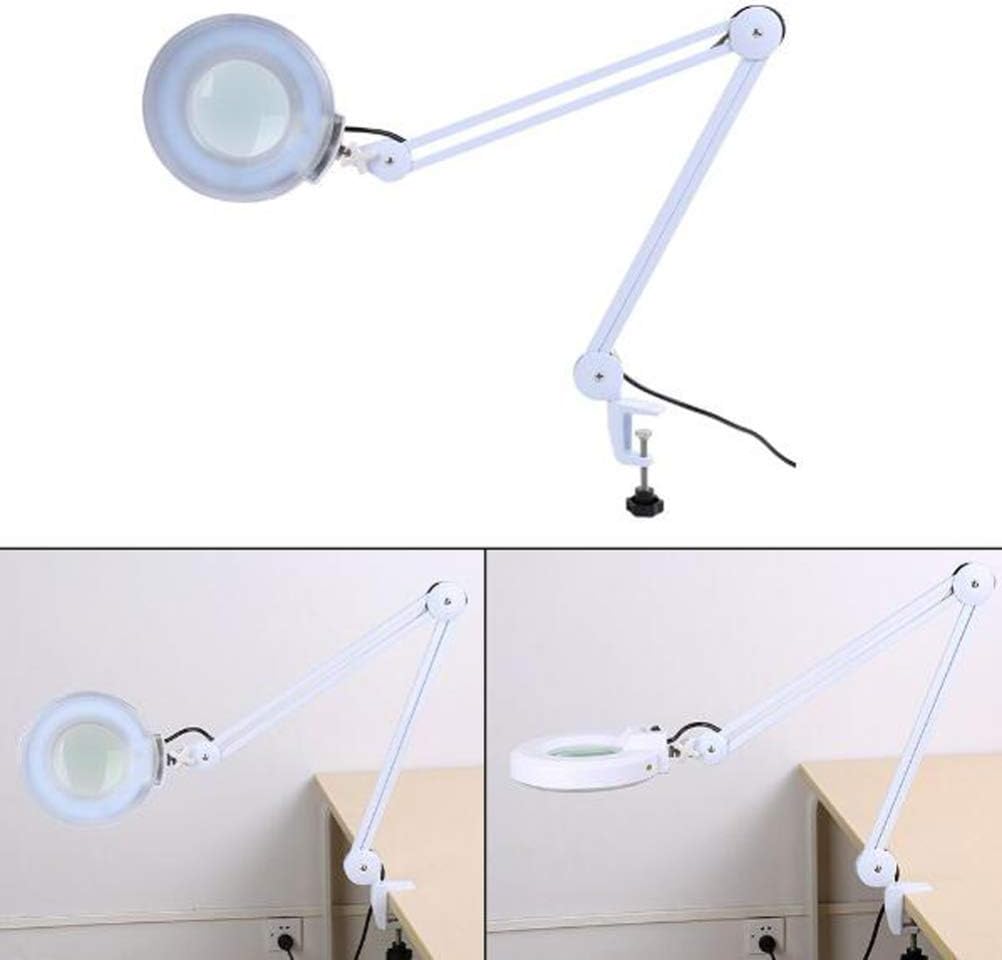 5X/8X LED Magnifying Lamp with Clamp,Super Bright Magnifier Glass Lamp, Full Daylight Lens with Adjustable Swivel Arm Light for Desk Table Task Craft Or Workben (White(5X))