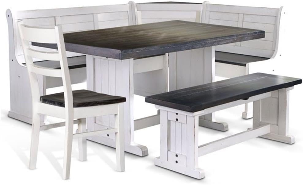 Pemberly Row 4-Piece Farmhouse Wood Breakfast Nook Set with Hidden Storage, Reversible Seating, Great for Small Spaces, in White & Brown Finish