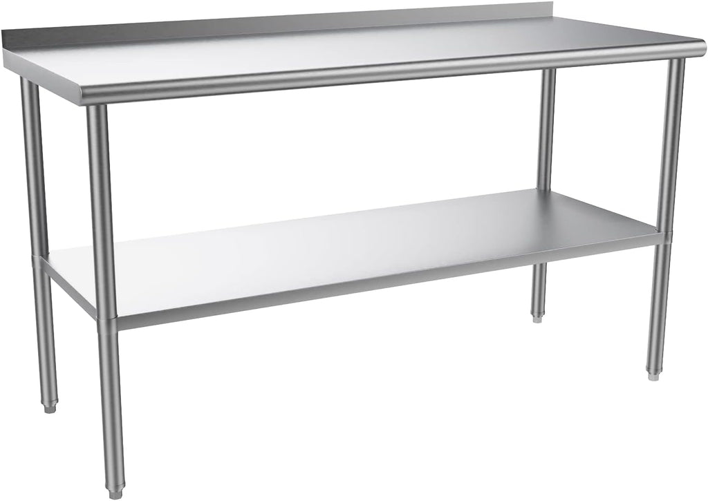 ROVSUN 60'' x 24'' Stainless Steel Table for Prep & Work,Commercial Worktables & Workstations, NSF Heavy Duty Metal Table with Adjustable UnderShelf & Backsplash for Kitchen,Restaurant,Home,Hotel