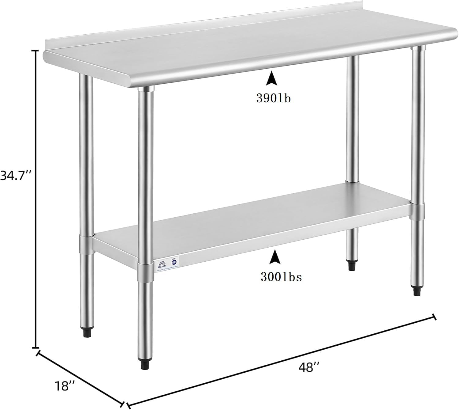 ROCKPOINT Stainless Steel Table for Prep & Work with Backsplash 18x48 Inches, NSF Metal Commercial Kitchen Heavy Duty Table with Adjustable Under Shelf and Table Foot for Restaurant, Home and Hotel
